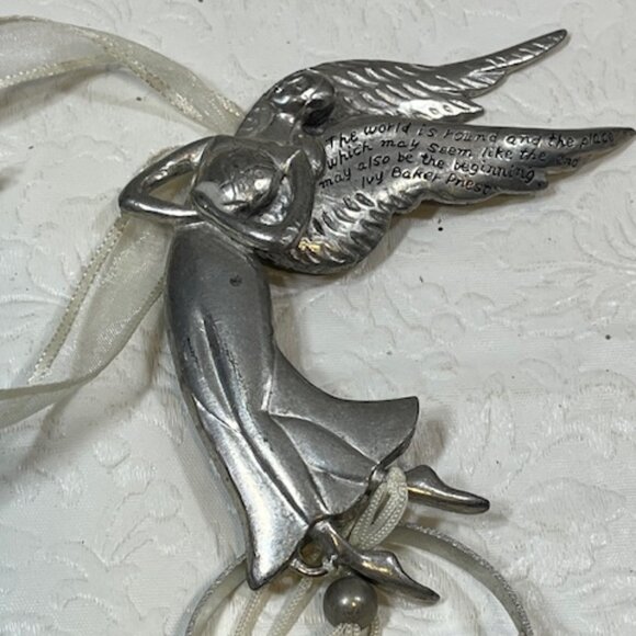 VTG Pewter PEACE Angel Figure Holding The World in Her Hands Hanging Wind Chimes - Picture 3 of 13